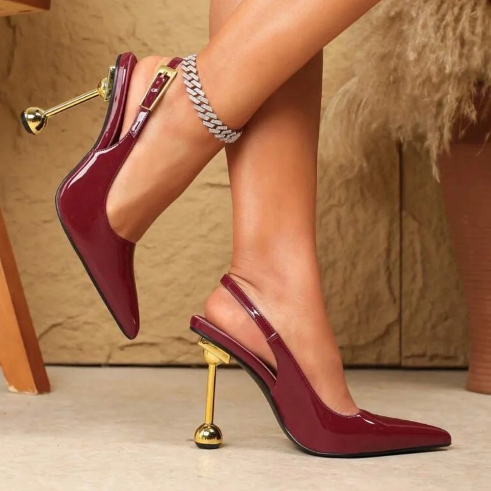 Elegant Burgundy Patent Slingback Heels with Gold Ball Stiletto - Picture 2 of 6